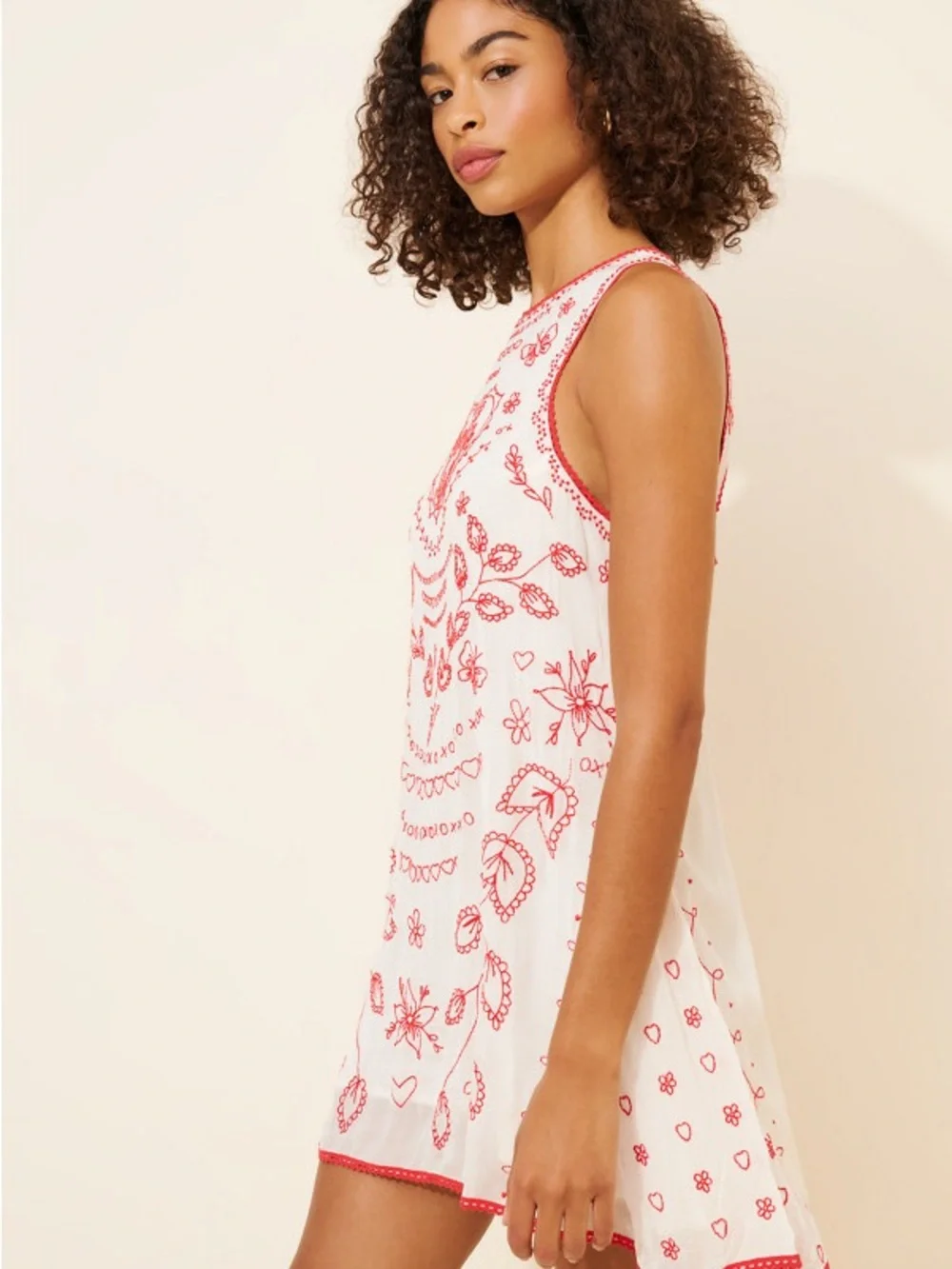 Free People White Mini Dress with Red Embroidery